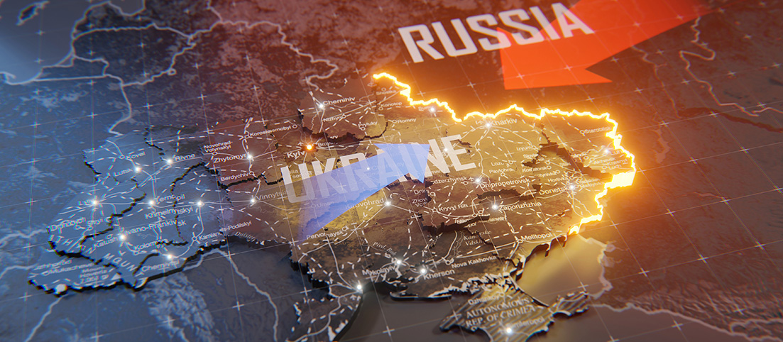 Mapa Ukrajiny s vyznačeným štátnym hranicami a nápisom UKRAINE, východná hranica zvýraznená žiarivou linkou smerom k Rusku.