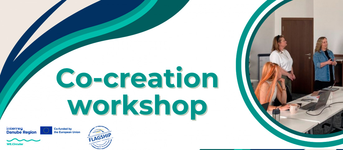 Spolupráca na workshope s tromi ženami v kancelárii, text Co-creation workshop a logá projektov.
