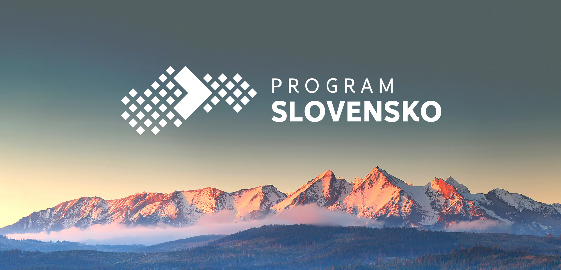 Logo Program Slovensko nad zasneženými vrcholmi hôr pri západe slnka