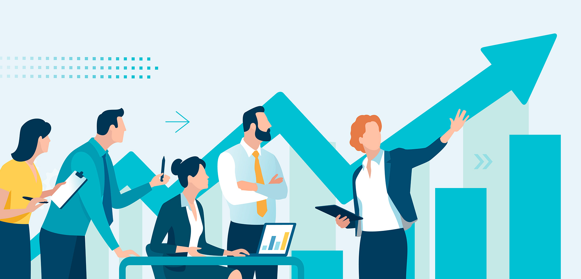 Tím ľudí diskutuje o raste podnikania s grafmi a šípkou smerujúcou nahor.