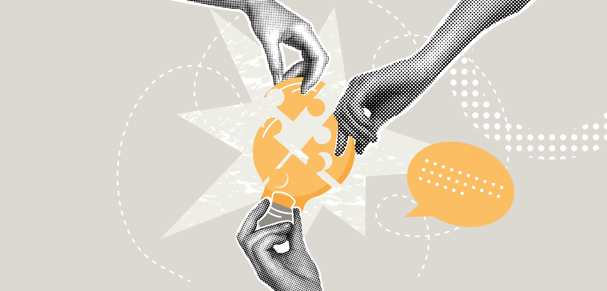 Ruky skladajú puzzle v tvare žiarovky, symbolizujúce spoluprácu a tvorivé riešenia.