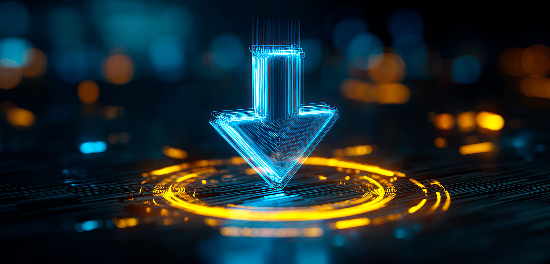 Modrá digitálna šípka smerujúca nadol nad žltým svetelným kruhom na tmavom pozadí s rozmazanými svetlami.