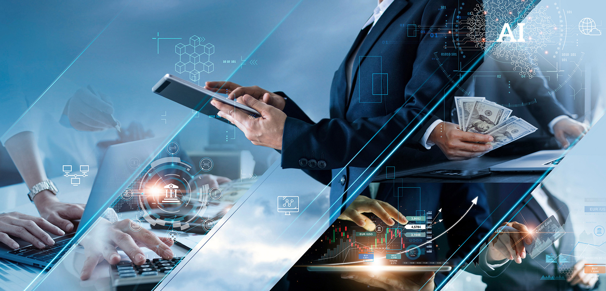 Podnikateľ s tabletom, peniazmi a grafmi znázorňujúcimi internetovú ekonomiku a umelú inteligenciu AI.