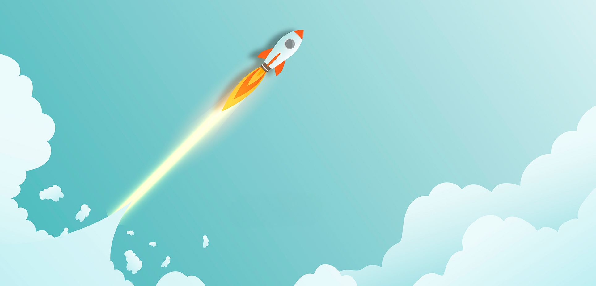 Raketa štartuje do jasnej modrej oblohy s oblakmi, symbolizujúca rast a podporu startupov.