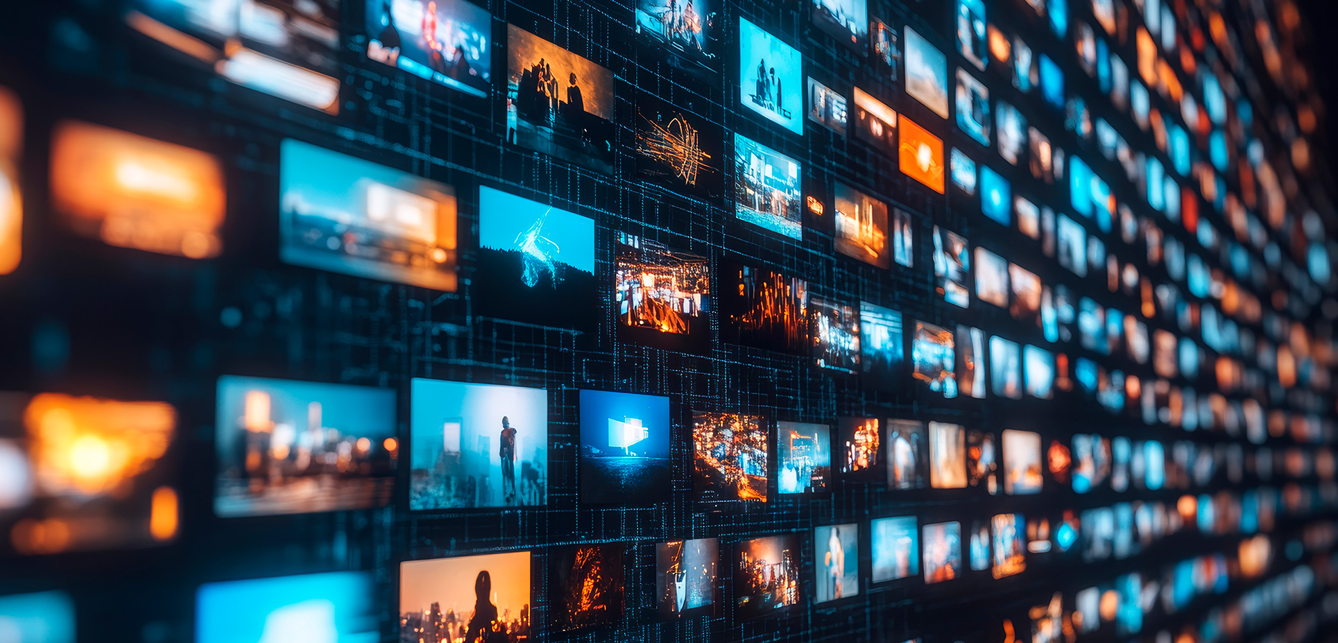 Digitálna stena s množstvom malých obrazoviek zobrazujúcich rôzne videá a fotografie v modro-oranžových farbách.