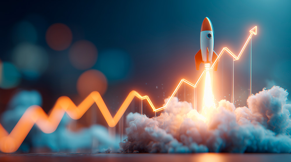 Raketa štartuje nahor pozdĺž rastúceho grafu symbolizujúceho úspech startupu a rast podnikania.