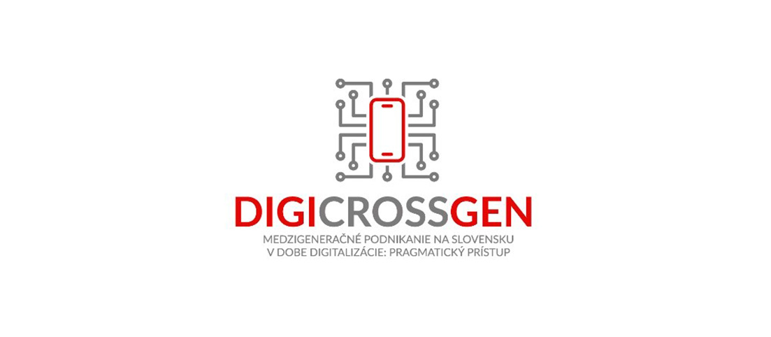 Logo DIGICROSSGEN s ikonou mobilného telefónu a textom Medzigeneračné podnikanie na Slovensku v dobe digitalizácie: pragmatic