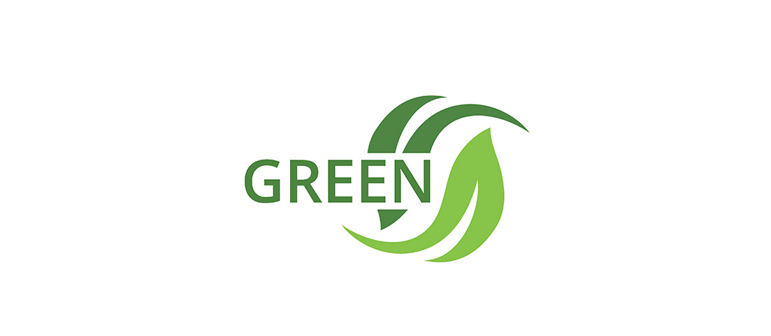 Zelené listy tvoriace kruhový tvar s nápisom GREEN v zelenej farbe na bielom pozadí.