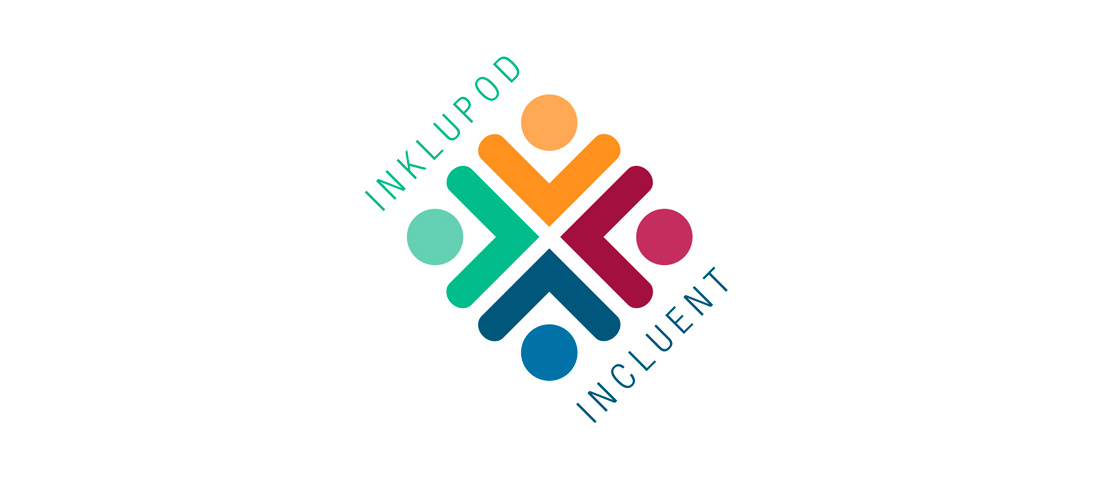 Štyri farebné postavy spojené do štvorca, text INKLUPOD a INCLUENT po stranách.