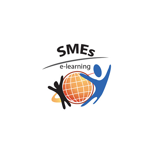 Logo SME e-learning s dvoma postavami držiacimi oranžovú guľu so sieťou.