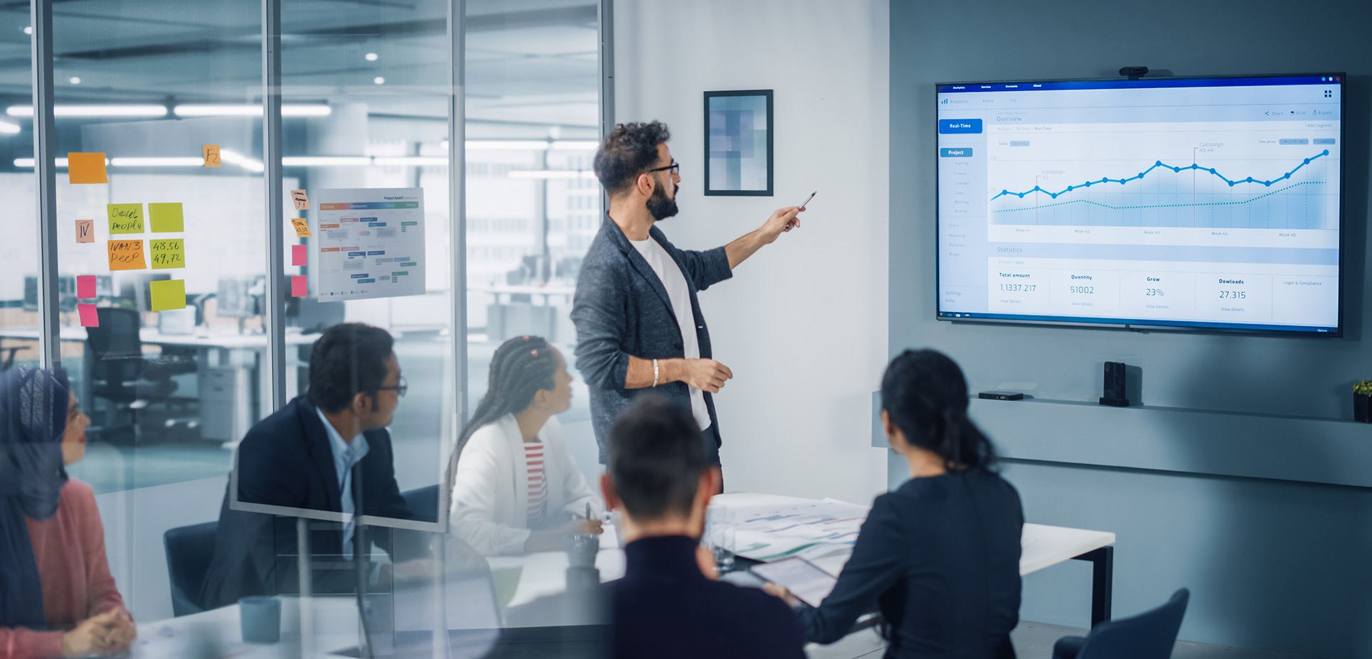 muž ukazuje na graf rastu pred skupinou ľudí v modernom kancelárskom prostredí