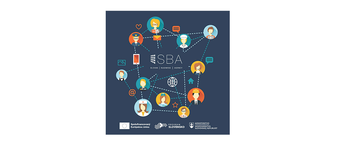 Sieť ľudí a ikon prepojených s textom SBA Slovak Business Agency a logami Európskej únie, Program Slovensko, Ministerstvo hos