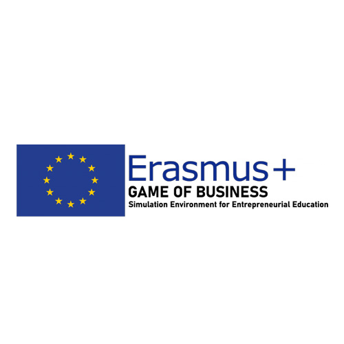 Logo Erasmus+ s textom GAME OF BUSINESS Simulation Environment for Entrepreneurial Education a vlajkou Európskej únie.