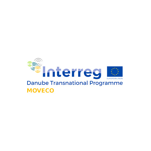Logo programu Interreg Danube Transnational Programme MOVECO s vlajkou Európskej únie.