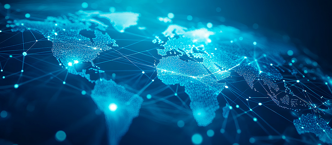 Digitálna mapa sveta s prepojeniami a svetelnými bodmi znázorňujúcimi medzinárodné siete a projekty.