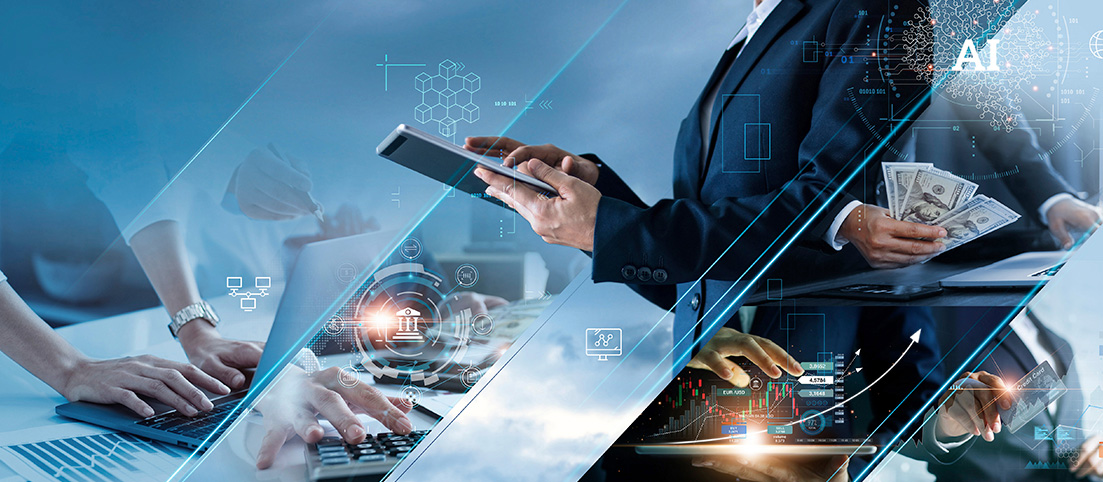Podnikateľ pracuje s tabletom, počítačom, kalkulačkou, peniazmi a kreditnou kartou, digitálne grafy a ikony AI.