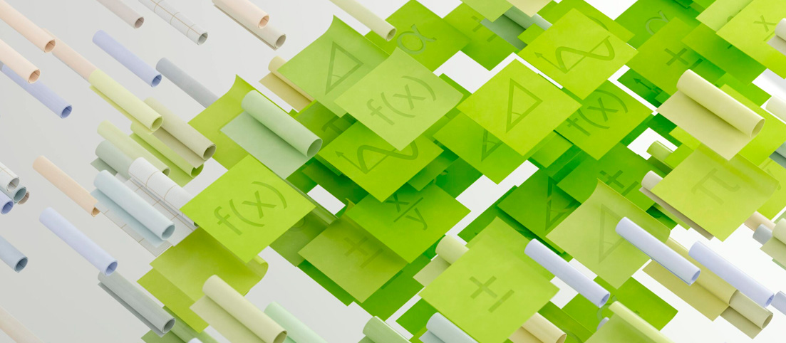 Zelené štvorce s matematickými symbolmi a vzorcami f(x), π, Δ, plus, mínus, obklopené farebnými valcami.