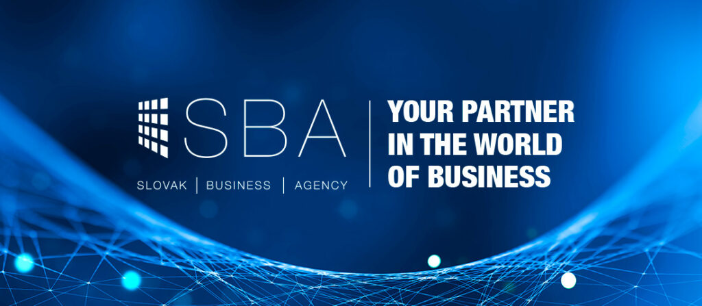 Digitálna sieť na modrom pozadí a logo SBA - Slovak Business Agency, Your partner in the world of business