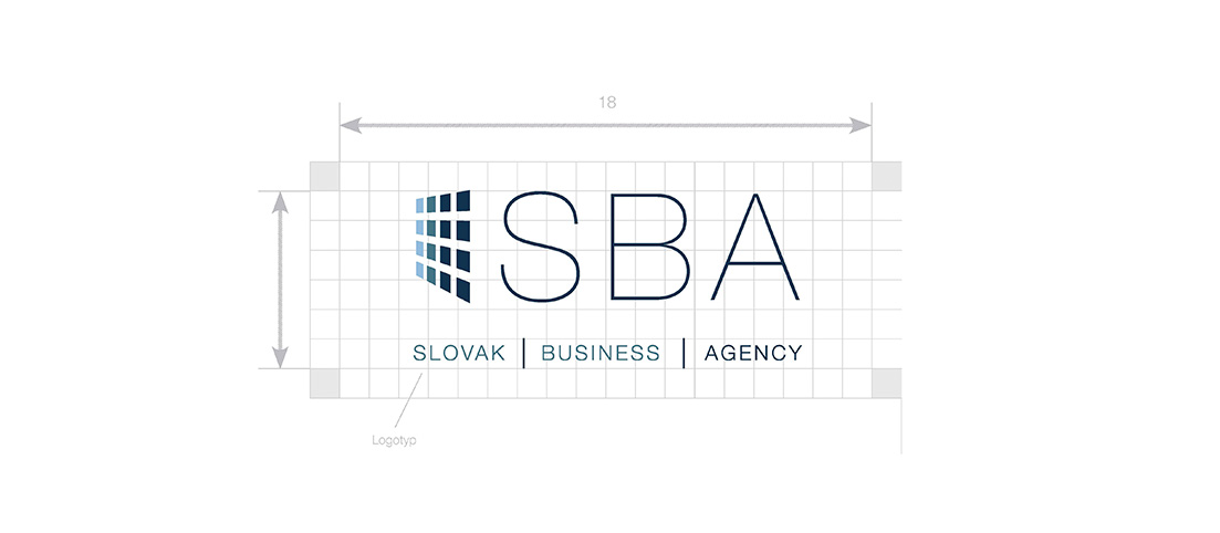 Logo SBA s textom Slovak | Business | Agency a grafickým prvkom mriežky v modrých odtieňoch.