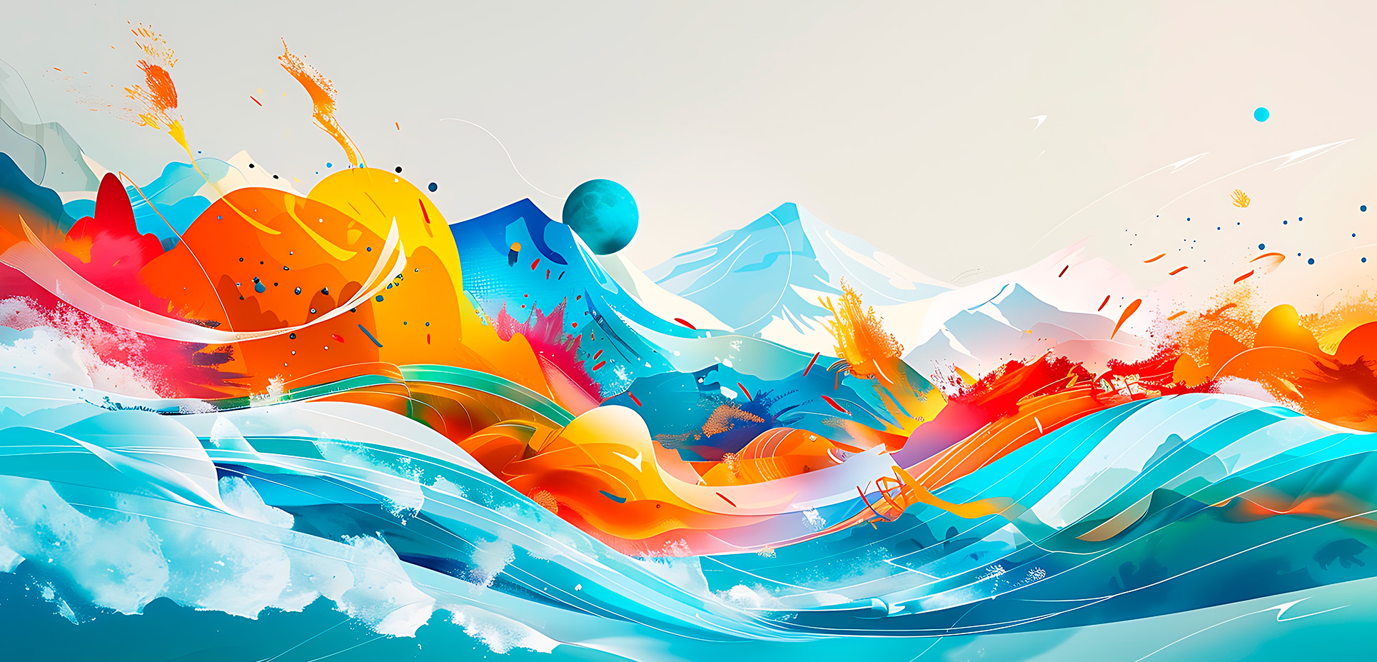 Farebná abstrakcia s vlnami, horami a planétou v modro-oranžovej palete.
