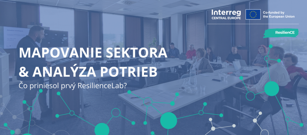 Skupina ľudí sedí pri stolových zostavách v modernej zasadacej miestnosti počas workshopu. Prednášajúci stojí pri projekčnej ploche so zobrazenou prezentáciou. V miestnosti sú veľké okná, kancelársky nábytok a pracovná atmosféra. Na obrázku je grafická vrstva s prepojenými bodmi a textom „Mapovanie sektora & analýza potrieb – Čo priniesol prvý ResilienceLab?“ spolu s logom Interreg Central Europe a označením projektu ResilienCE.