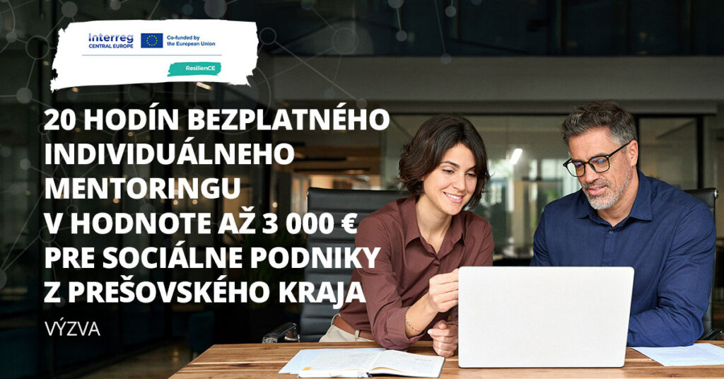 Ilustračný banner s nápisom "20 hodín bezplatného individuálneho mentoringu v hodnote až 3000 € pre sociálne podniky z Prešovského kraja"